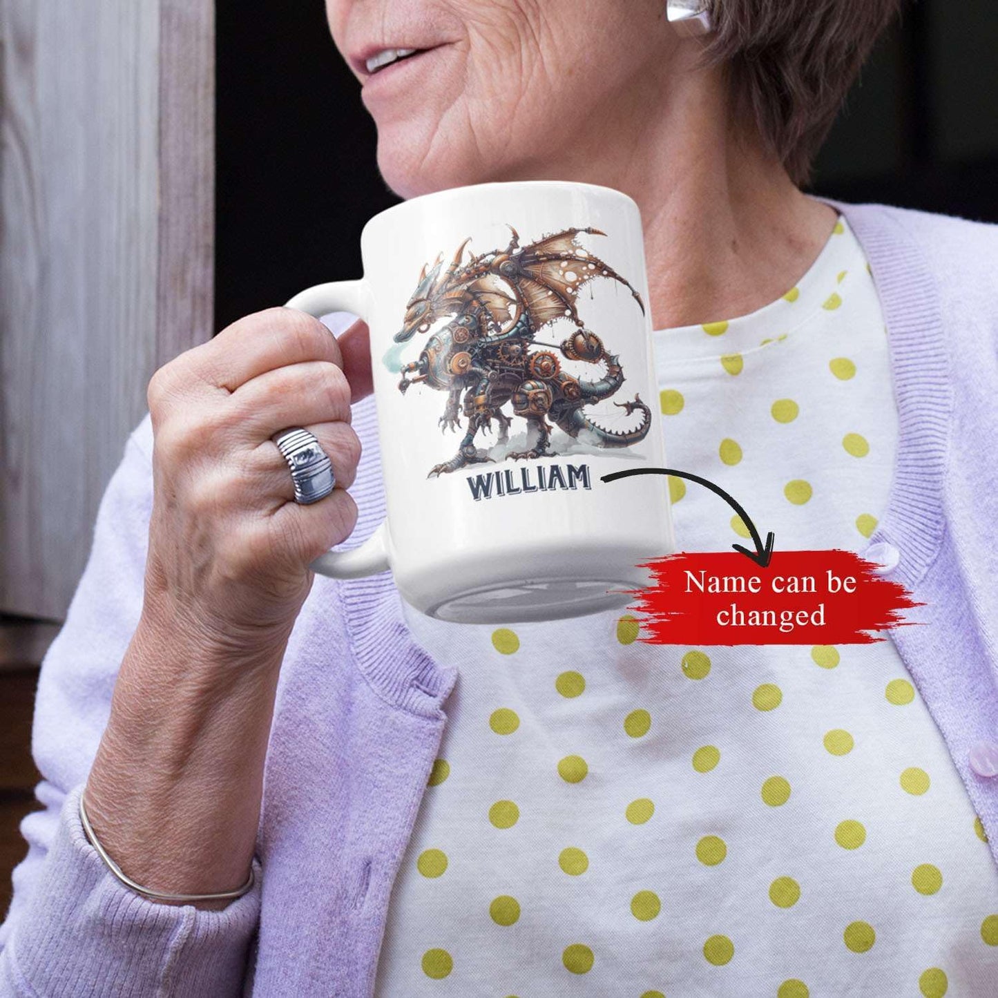 Personalized Name Dragon Lover Ceramic Mug 15oz, Custom Mechanical Dragon Design Coffee Cup, Unique Dragon Mug Gift For Fantasy Enthusiasts, Customized Kid Cup On Birthday, Holiday