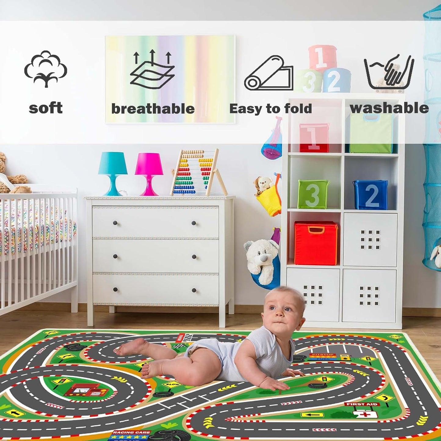 Kids Rug Play mat Playroom Rugs Car Rugs for Kids Toy Cars Race Track for Classroom Rug (Race-Green, 5.2x7.9ft)
