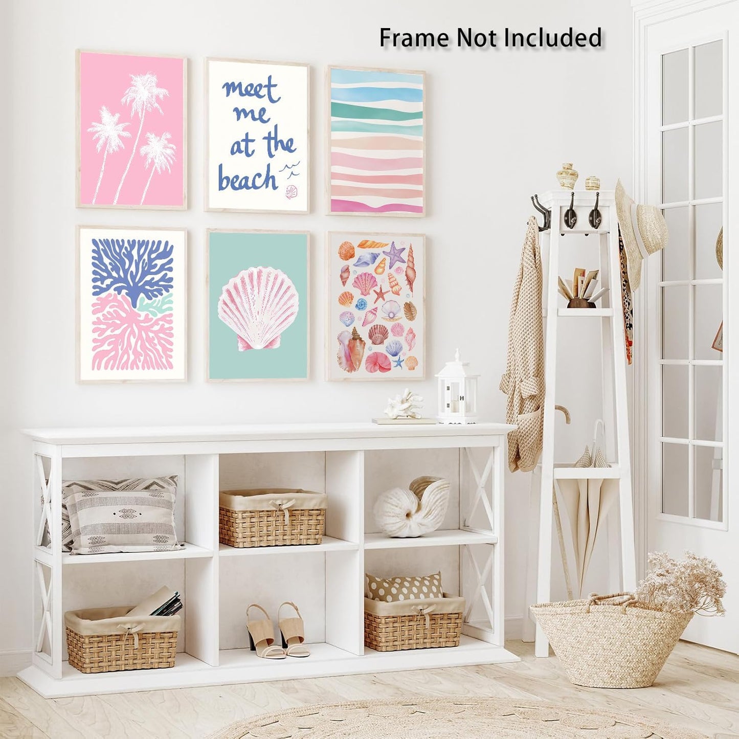 6 Pcs Coastal Beachy Wall Art Tropical Summer Shell Ocean Paintings Prints Posters Trendy Pink Preppy Palm Tree Canvas Wall Decor Aesthetic for Bedroom Living Room Dorm Apartment 8x10inch Unframed