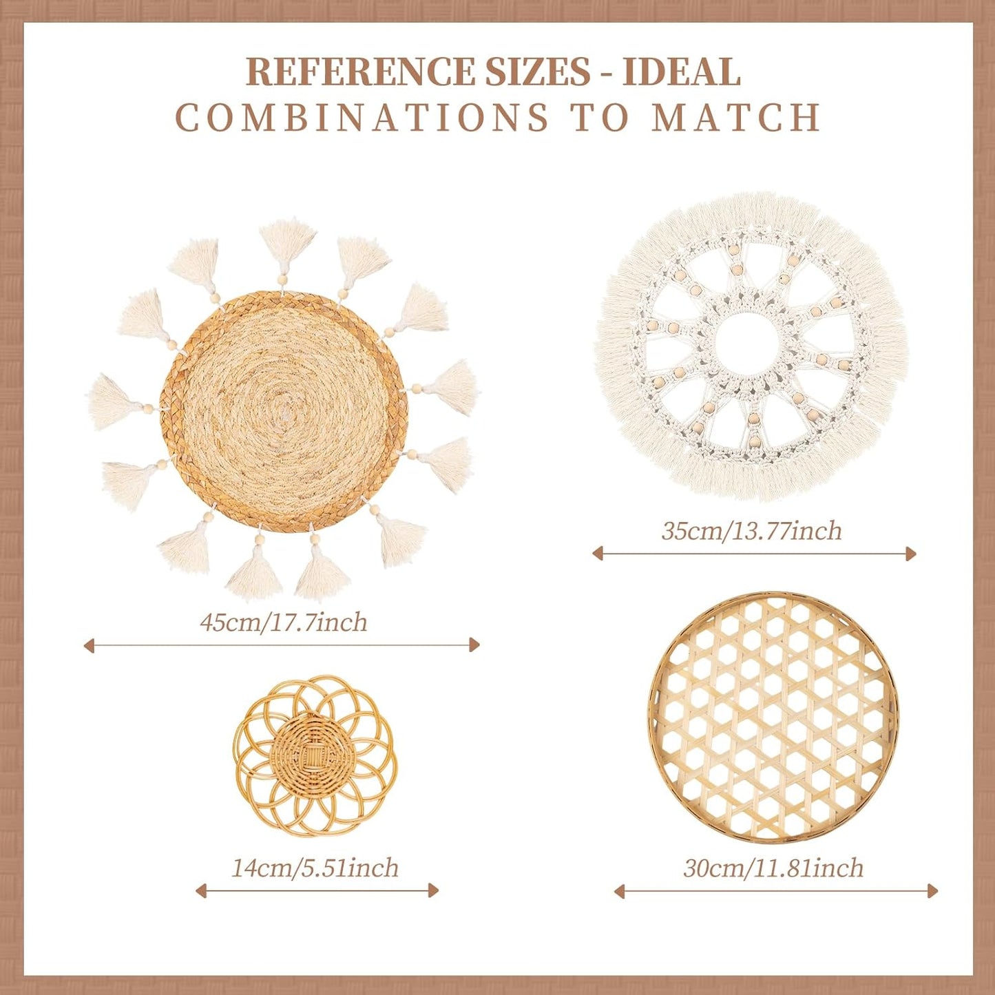 Boho Wall Basket Decor Set of 4 - Flat Woven Basket Wall Hanging Decor,Round Tassels White Macrame Tapestry Wall Decor Art,Handmade Rattan Wicker Seagrass Home Wall Baskets Decor(Wooden Beads Style)