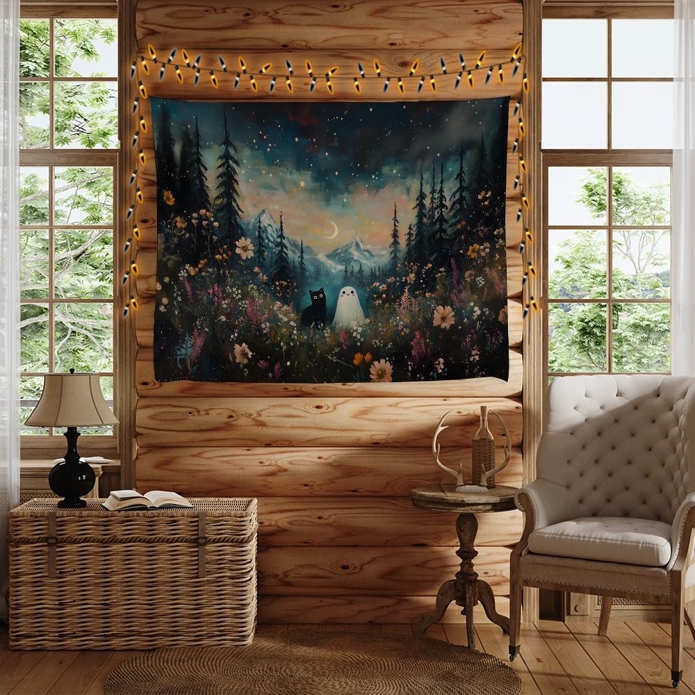 Whimsical Halloween Tapestry Wall Hanging Ghost and Black Cat in Magical Forest Wildflowers Meadow Tapestry Art Print Charming Spooky Fall Season Tapestries for Living Room Bedroom Decor 60x80inch