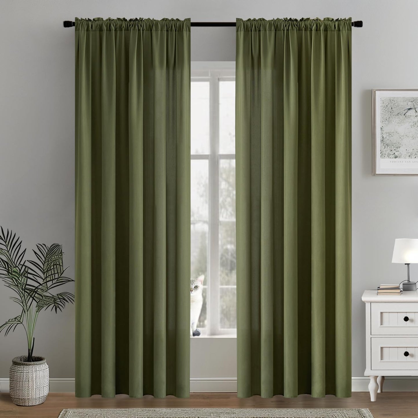 MIULEE Olive Green Privacy Sheer Curtains That Let Light in 84 Inches Long Non-See-Through Semi Sheer Curtain Light Filtering Window Curtains Drapes for Living Room Bedroom 2 Panels Set 42 X 84