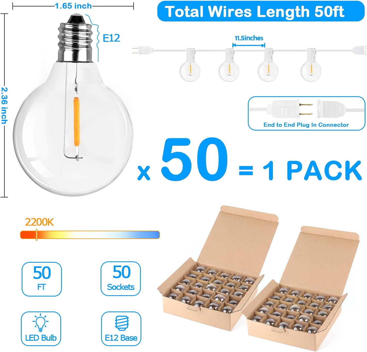 50FT LED G40 Globe String Lights White, Shatterproof Outdoor Patio String Lights 2200K with 50+2 Dimmable Edison Bulbs, Backyard Outdoor Hanging Lights, Bistro Waterproof for Balcony Party Wedding