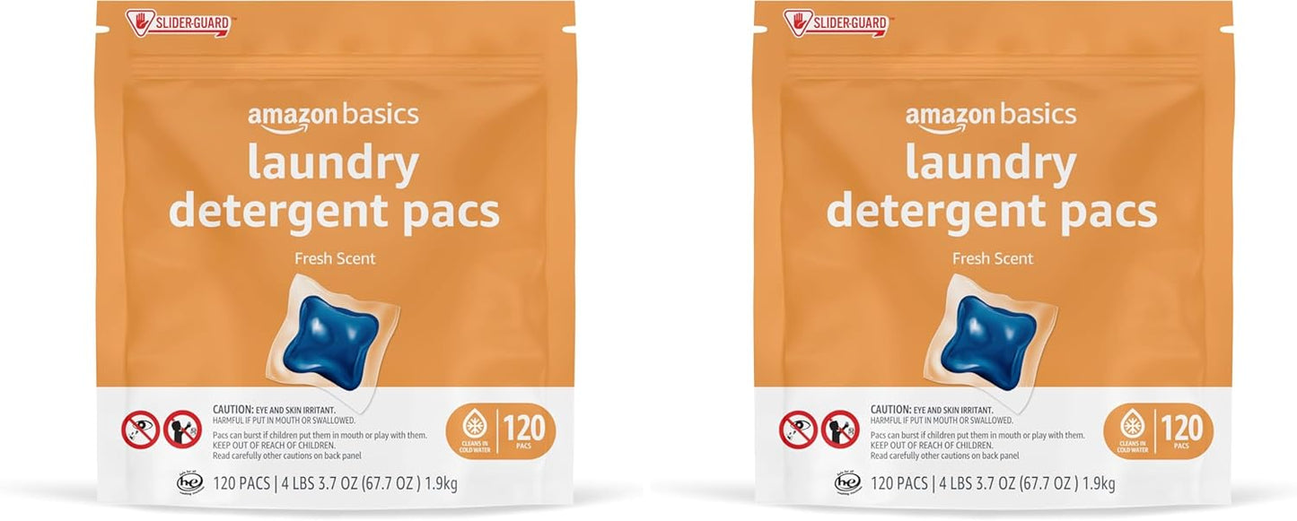 Amazon Basics Laundry Detergent Pods, 120 Pacs for 120 Medium Loads, Fresh Scent, (Previously Solimo) (Pack of 2)