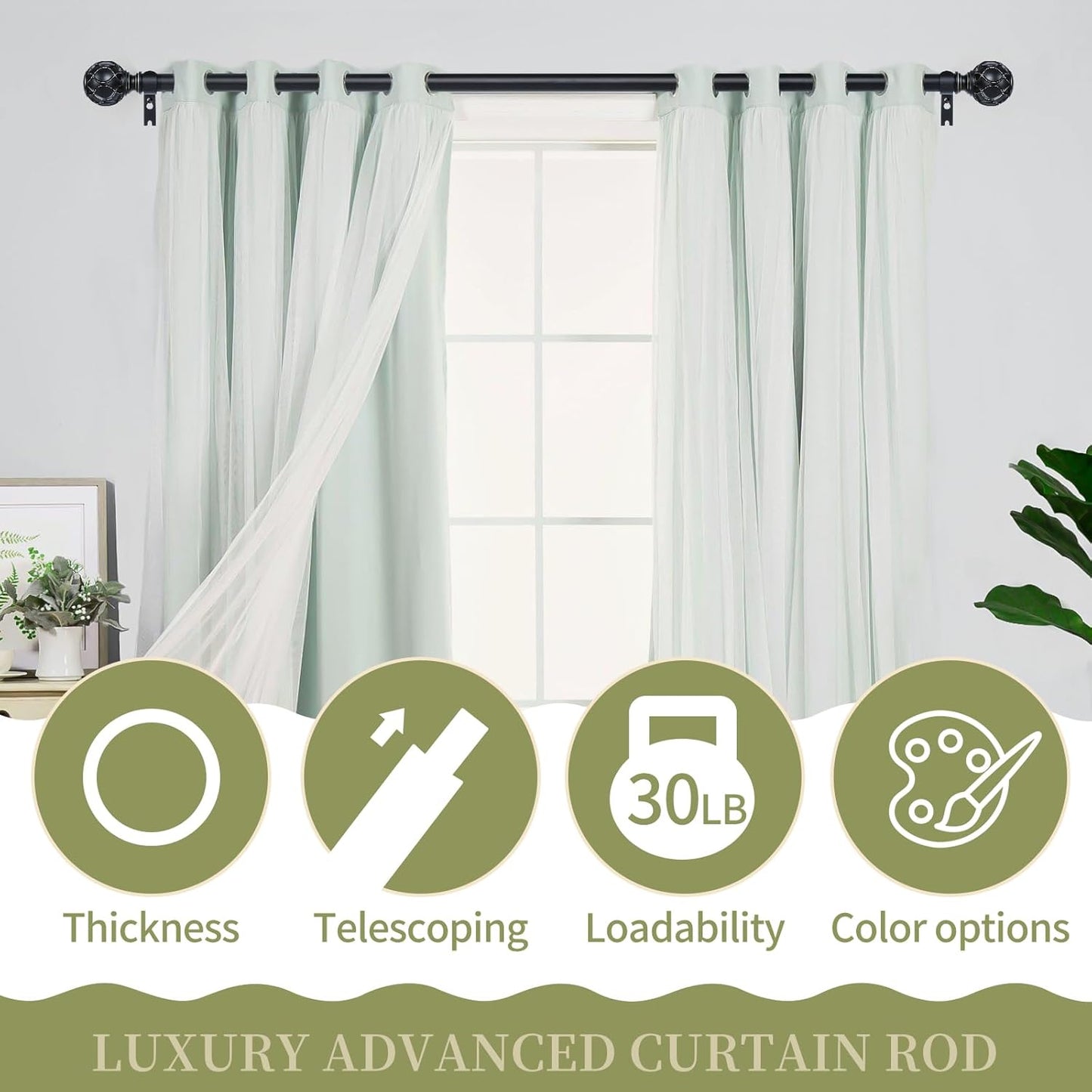 Black Adjustable Curtain Rods for Windows:Farmhouse Heavy Duty Curtain Rod for Bedroom Living Room,Boho Decorative Rustic Drapery Rods with Vintage Coastal Finials,Matte Black 2 Pack 18-45"