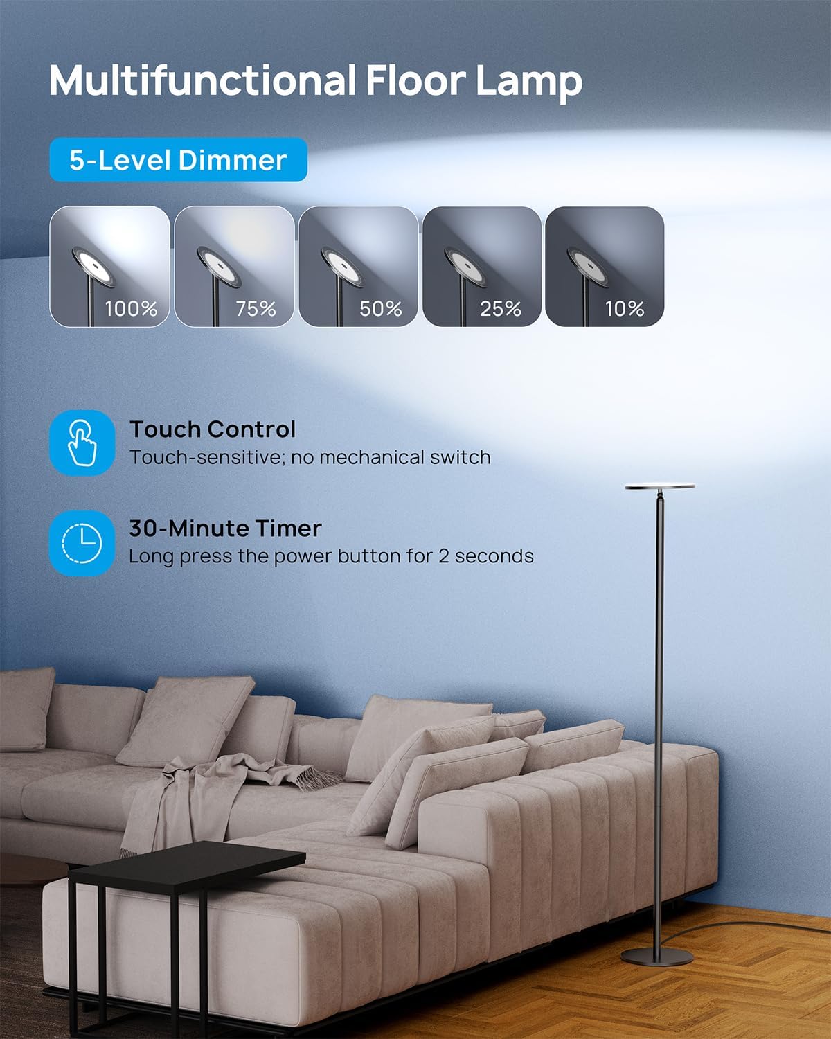 TROND Floor Lamp, Bright Sky LED Modern Torchiere Lamp, 71 in Tall Aluminum Pole Light, 5500K Natural Daylight Standing Light, Touch 5-Level Dimmable, 5000 lm, 30 Mins Timer for Living Room Bedroom