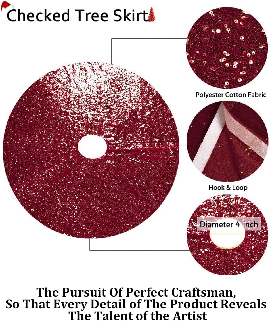 Partisout 24-inch Burgundy Sequin Christmas Tree Skirt - Sparkle & Shine Rustic Xmas Tree Skirt for Party, Wedding, and Holiday Decor