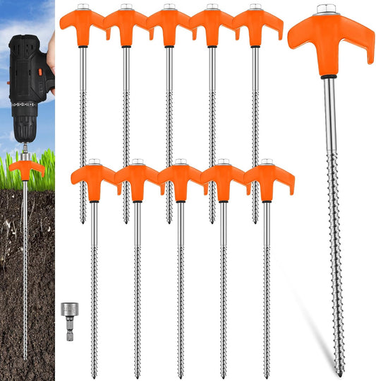 Hicarer 10 Pcs 20 Pcs 8'' Screw in Tent Stakes Heavy Duty Ground Metal Stakes for Inflatables with Hex Head Driver for Outdoor Camping Tent Inflatable Garden Decor (Orange)