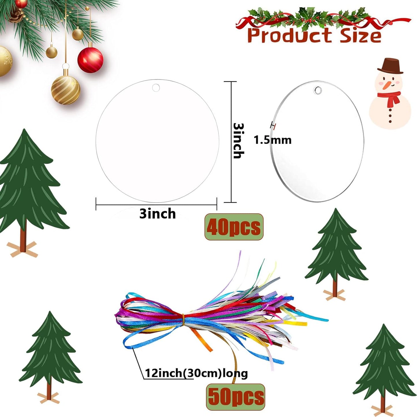 40 Pieces Christmas Hanging Ornaments Set 3''Christmas Ornament Acrylic Blank with 50Pcs 25 Color Ribbons for Christmas Tree DIY Decor (Classic Circle, 40.00)