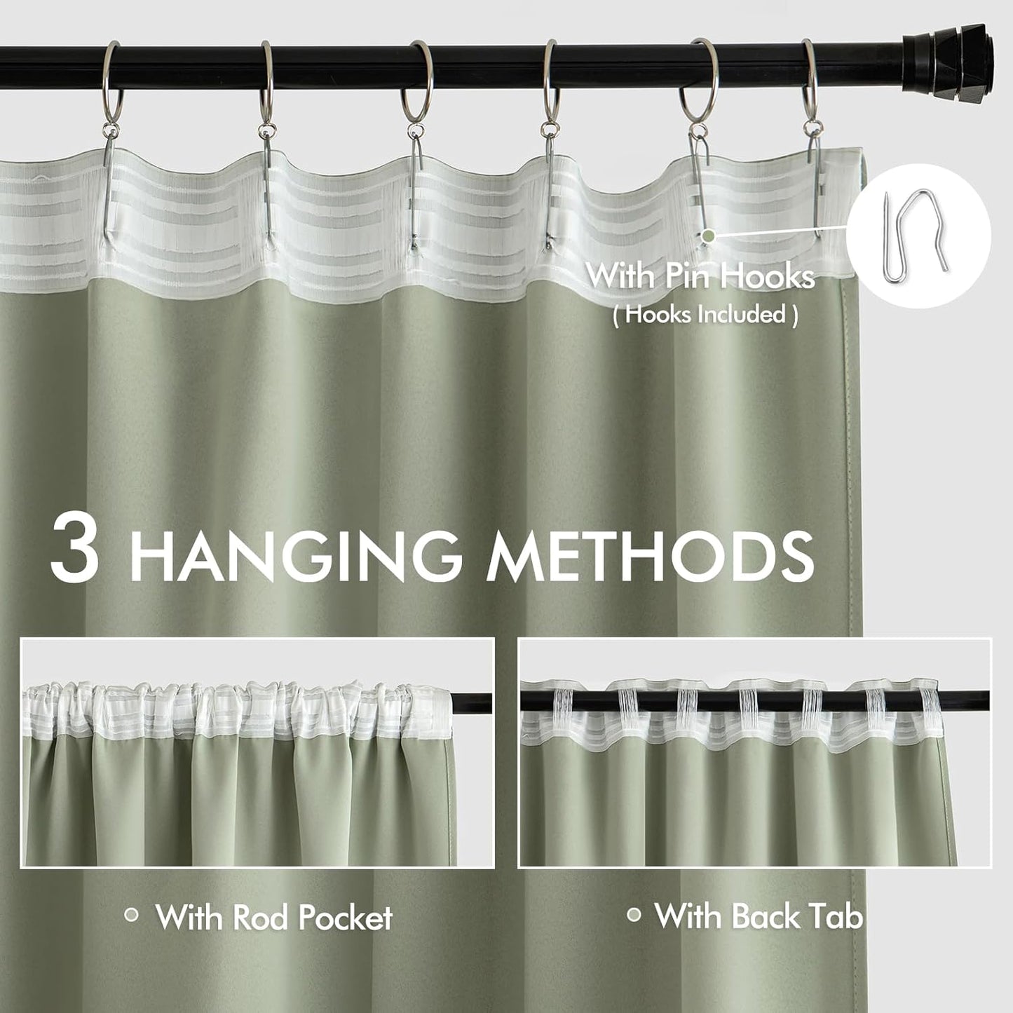 MIULEE Back Tab Sage Green Curtains 96 Inch Long 2 Panels Set for Living Room Bedroom, Rod Pocket/Pinch Pleated Light Blocking Thermal Insulated Room Darkening Floor to Ceiling Blackout Drapes