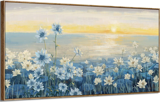 Large Framed Wall Art for Living Room Bedroom Office Decor, Modern Beach Canvas Wall Art Coastal Ocean Nature Blue Artwork Floral Sunrise/Sunset Zen Landscape Flower Wall Picture 48x24“