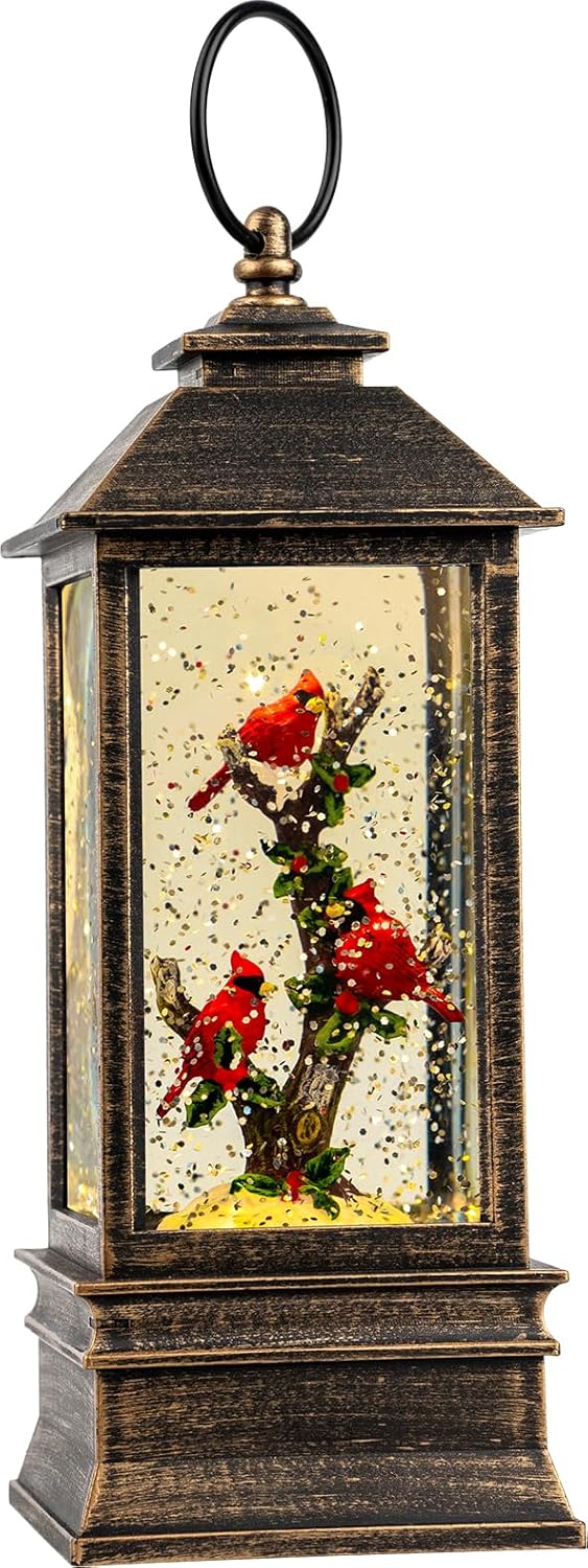 Christmas Snow Globe Lantern Water Glittering 10'' Cardinal with Music & Timer, USB Lined/Battery Operated Lighted Lantern for Christmas Festival Decoration Gifts