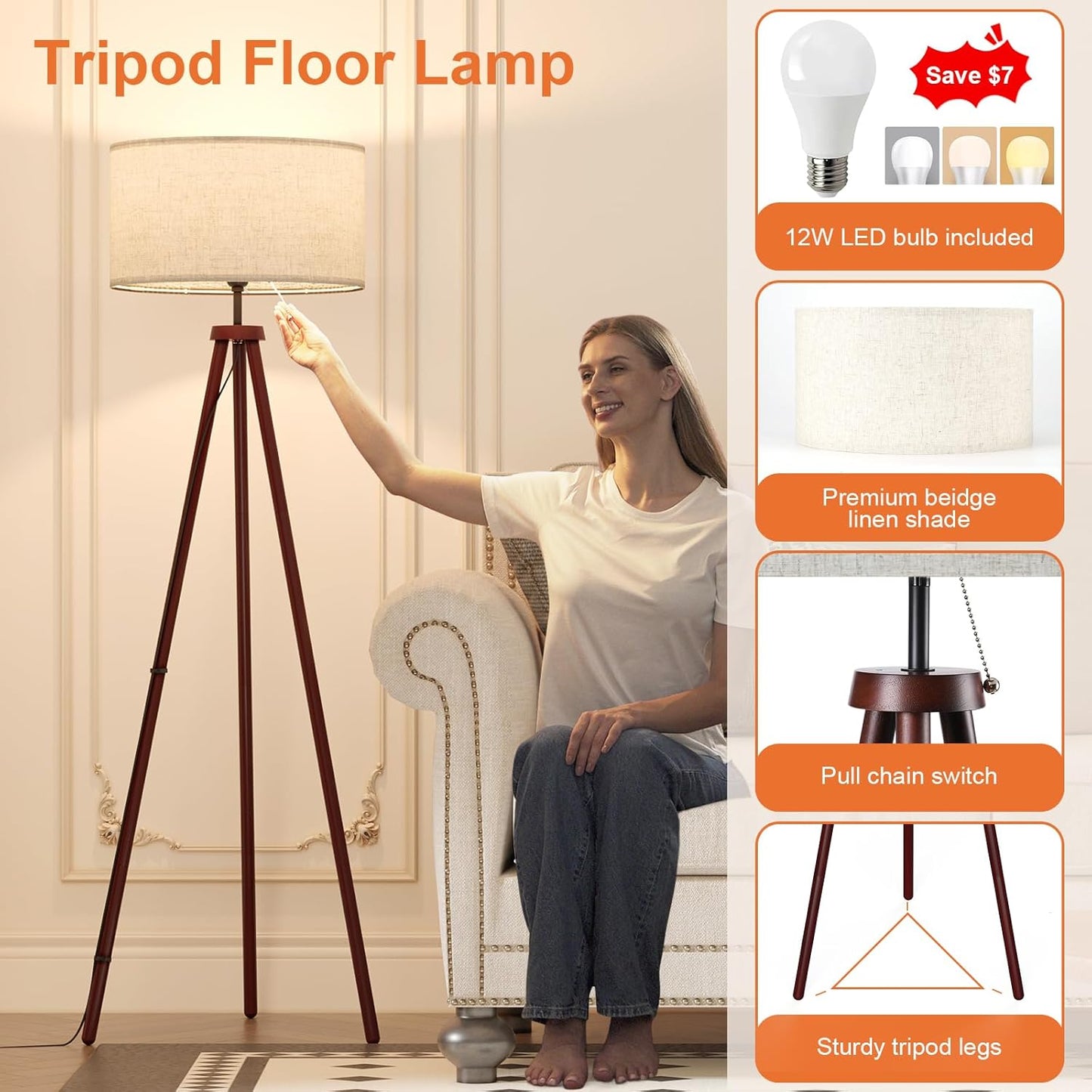 LiteHistory Wood Tripod Floor Lamps for Bedroom, Living Room, and Office, Corner lamp with Beige Linen Shade, 12W Three-Color Bulb Included, Pull Chain Switch, Gifts for mom for Home Decor, Walnut