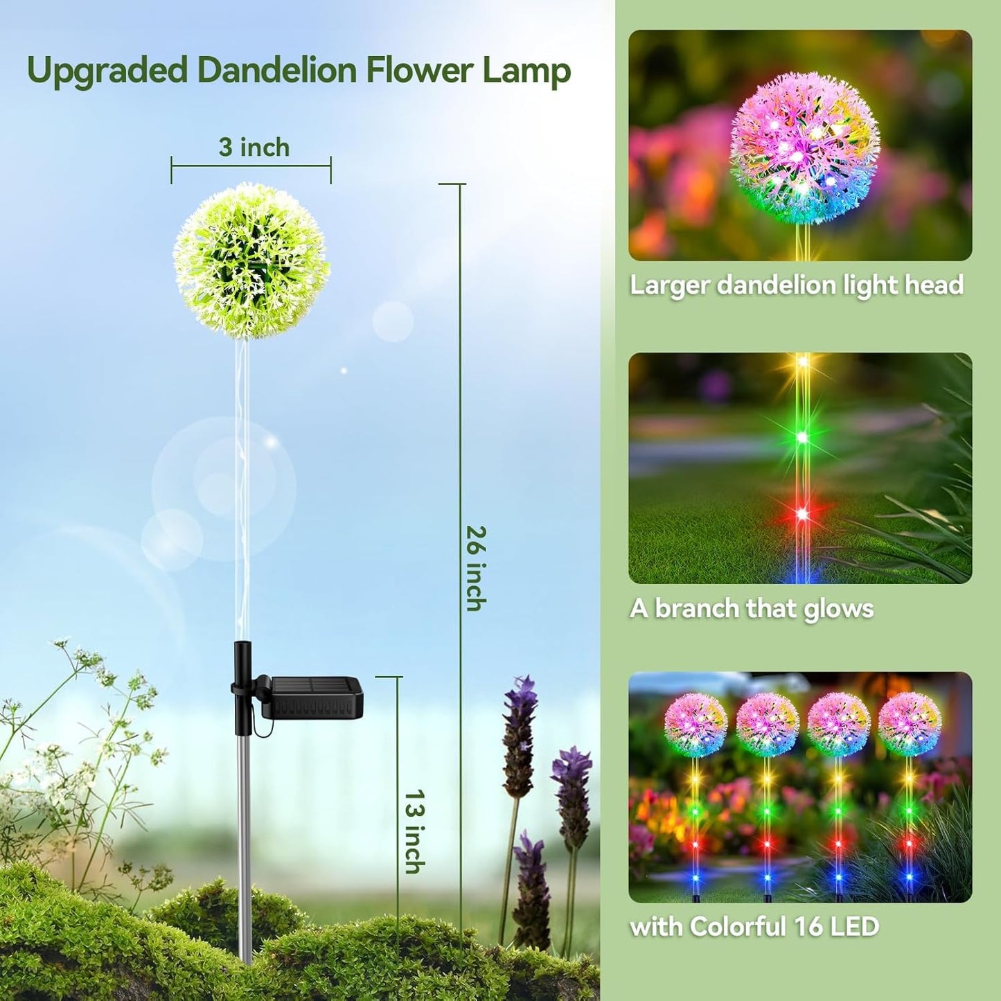 Solar Garden Lights Outdoor Decorations: 4 Pack Dandelion Flower Lights, 2 Modes Colorful 16 LED Landscape Light, Waterproof Artificial Flowers for Yard, Patio, Pathway Decor, Gifts for Women Mom