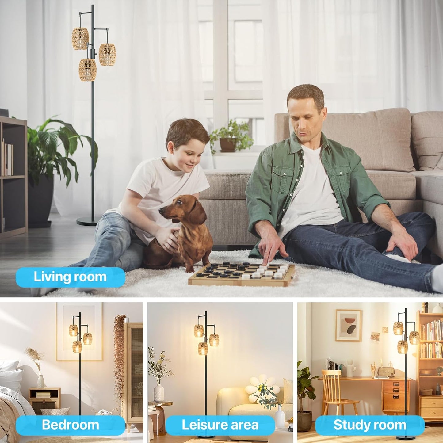 Boho Rattan Floor Lamp - Dimmable 70 Inch with Shades, Coastal 3 Light Bohemian Standing Lamp for Living Room Bedroom Office