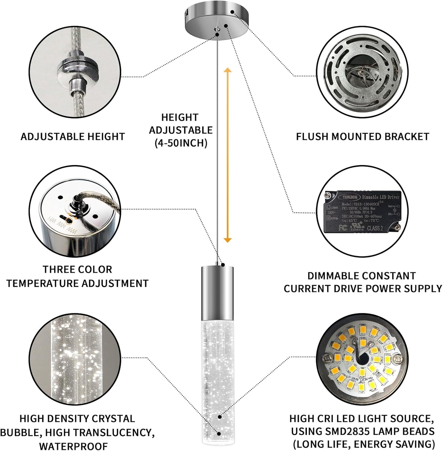 OKELI Modern Pendant Lights,3 Color LED Bubble Crystal Island Light Fixtures,Chrome Mini Pendant Lighting for Kitchen Island,Bar,6W,3000-6000K,ETL,3 Pack