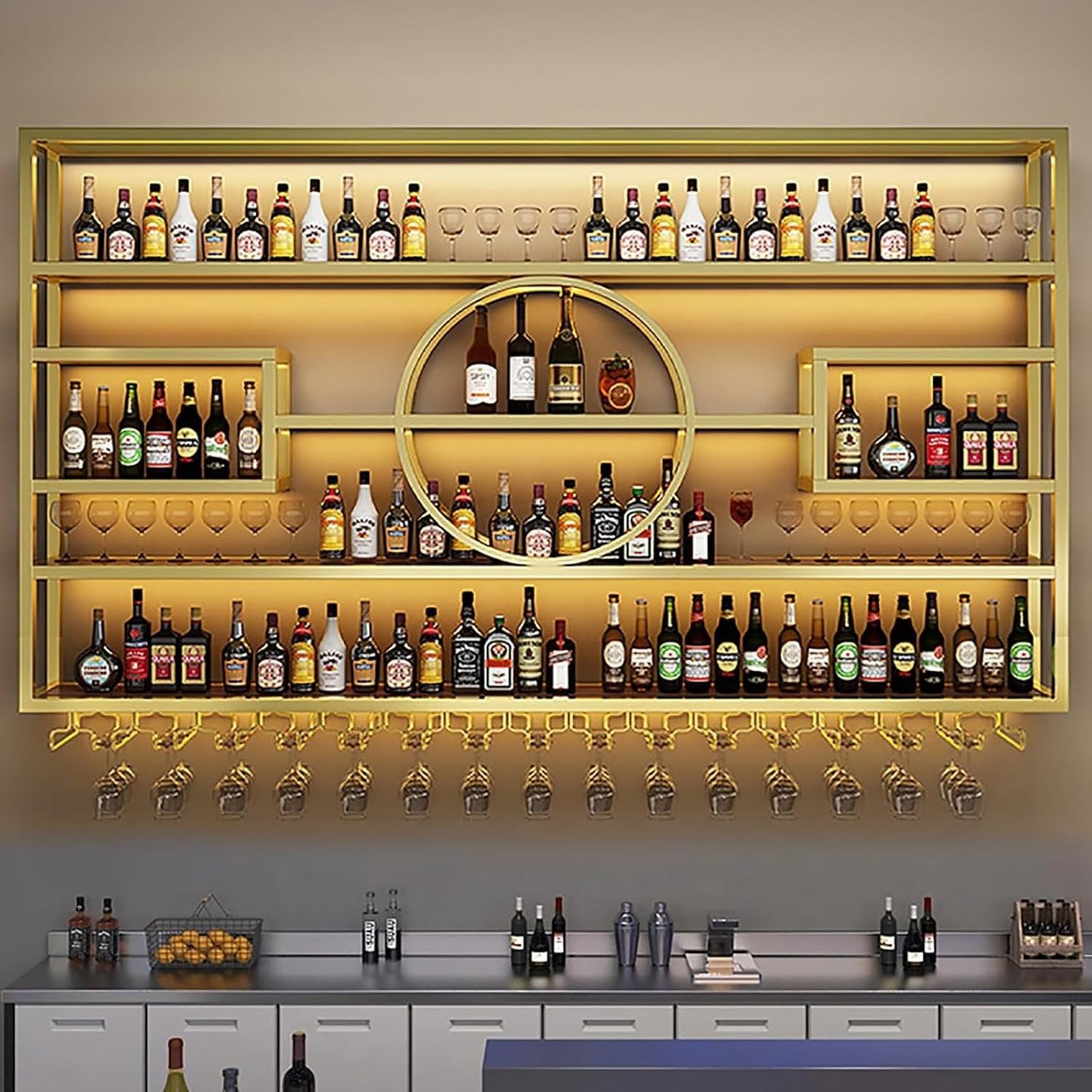 55.1in Wall Mounted Wine Rack, Modern Metal Wine Bottle and Glass Holder, Iron Display Stand Decorative Wine Rack, for Bar Living Room Dining Room Background (Gold, 55.1 * 8 * 51INCHES)