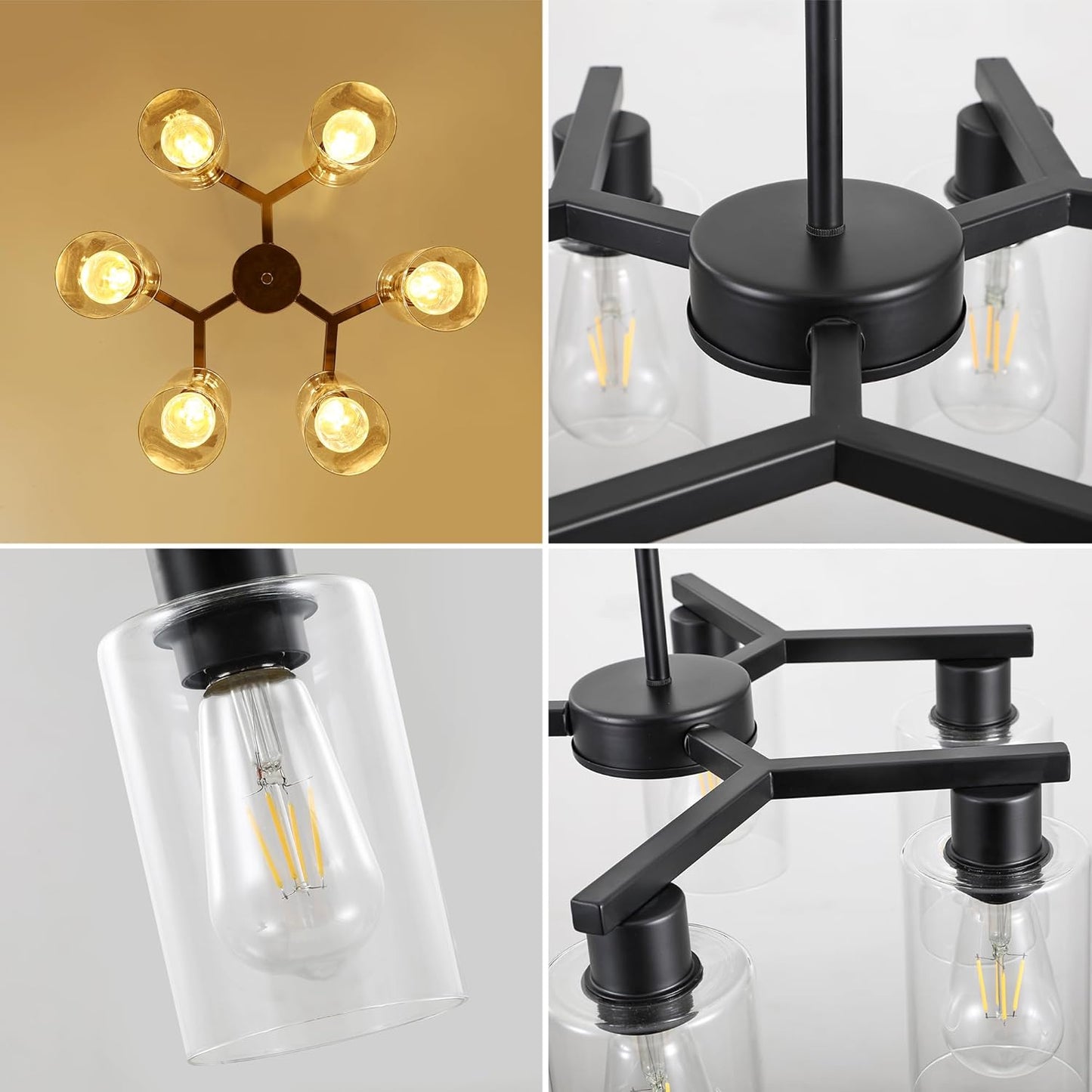6-Light Black Modern Farmhouse Chandelier for Dining Room Ceiling Light Fixture with Clear Glass Shades, Adjustable Hanging Industrial Pendant Lighting for Living Room Kitchen Island Bedroom Entryway