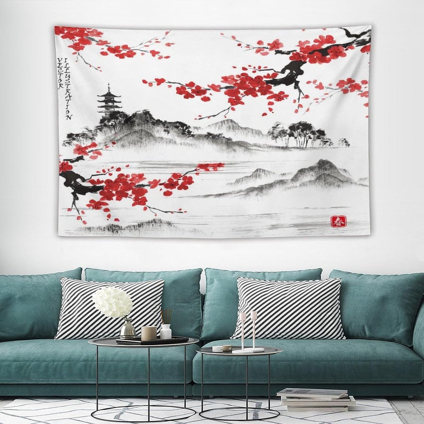 Cherry Blossoms Tapestry, Japanese Fuji Mountain Tapestry, Asian Japanese Wall Tapestry, Nature Landscape Tapestries for Bedroom Living Room Decor 90"x60"