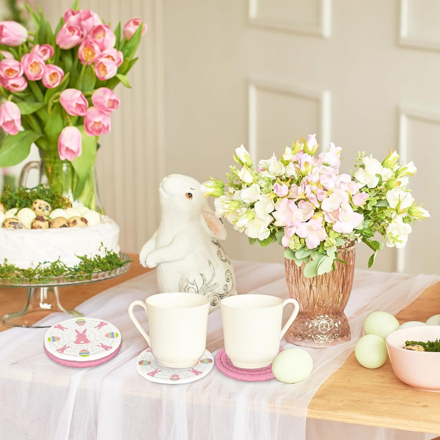 Whaline 4Pcs Easter Bunny Rabbit Egg Cotton Coasters - Handmade Braided Drink Coasters - Pink & White - Absorbent Round Tabletop Protection