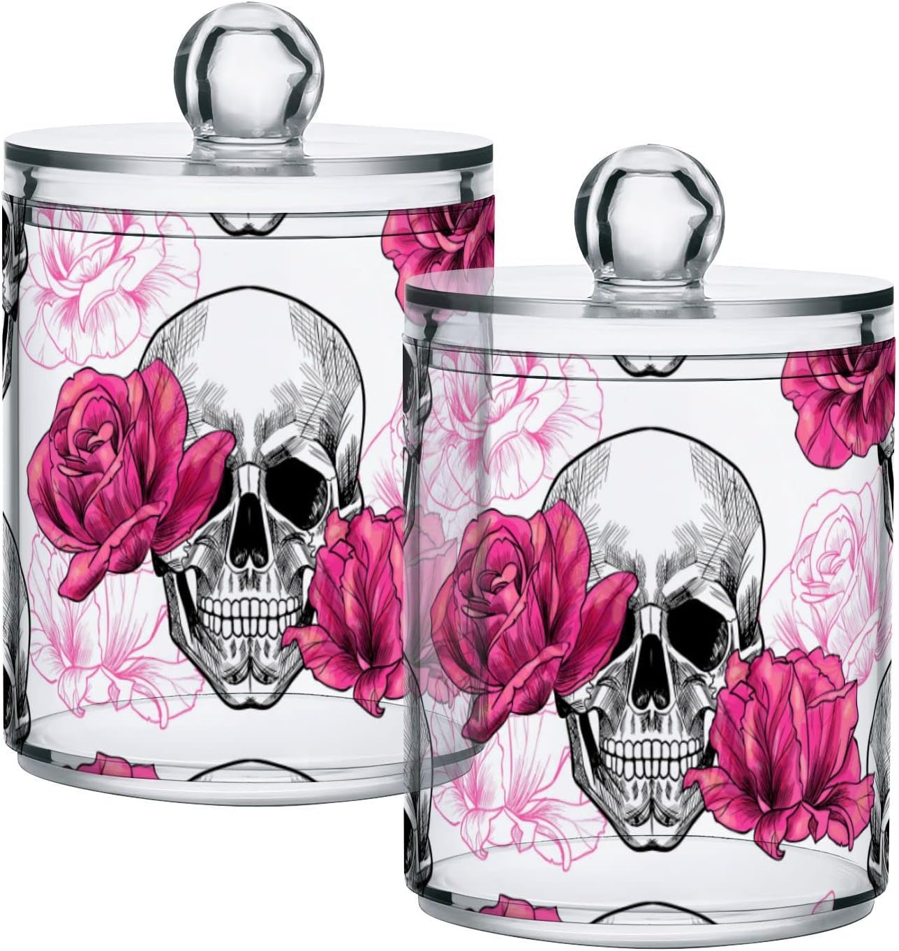 2 Pack Qtip Holder Dispenser Skull Rose Flower Bathroom Storage Canister Lid Acrylic Plastic Apothecary Jar Set Vanity Makeup Organizer for Cotton Swab/Ball/Round Pads, Floss