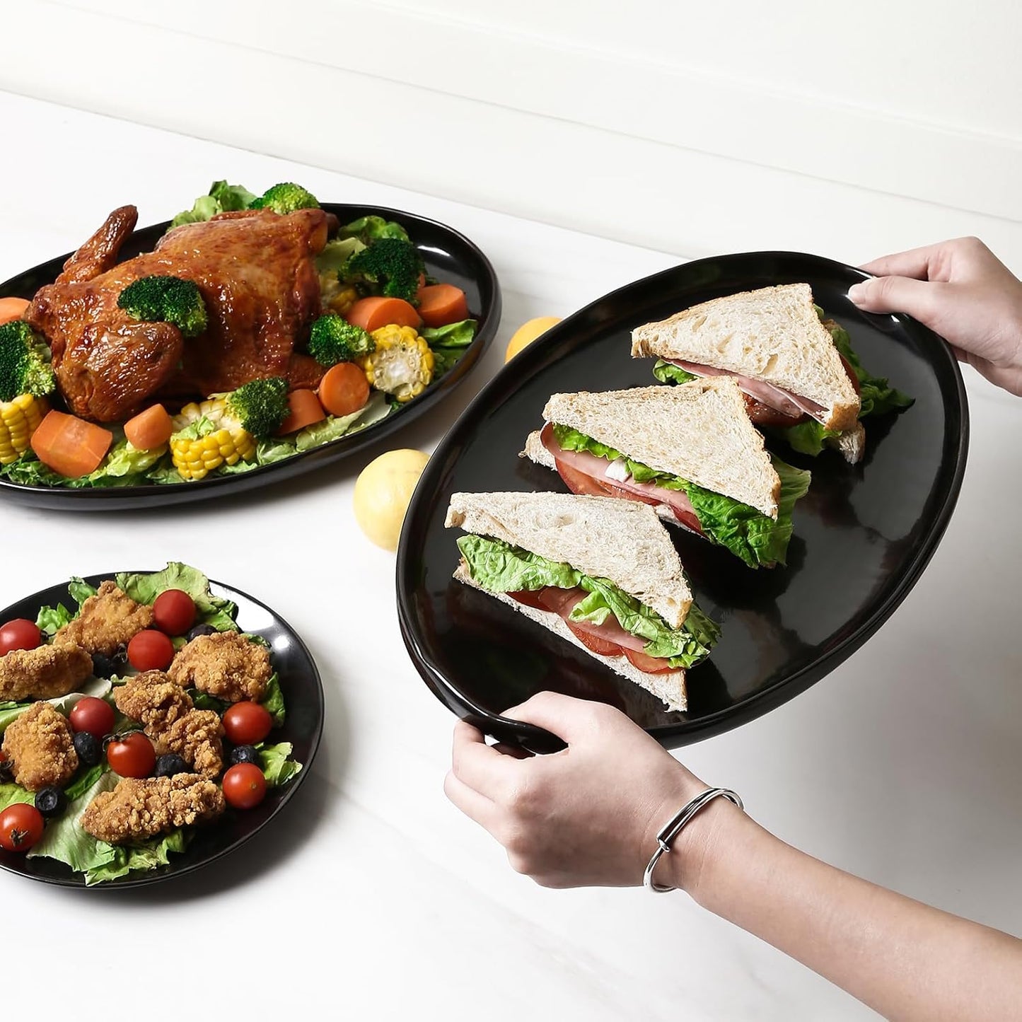 vicrays Serving Platter Ceramic Tray Plates Extra Large Oval 14.5 Inch Porcelain Dinner Plates Long Serving Dish Set Entertaining Party Restaurant Food Meat Sushi Fish Turkey Platter - Black