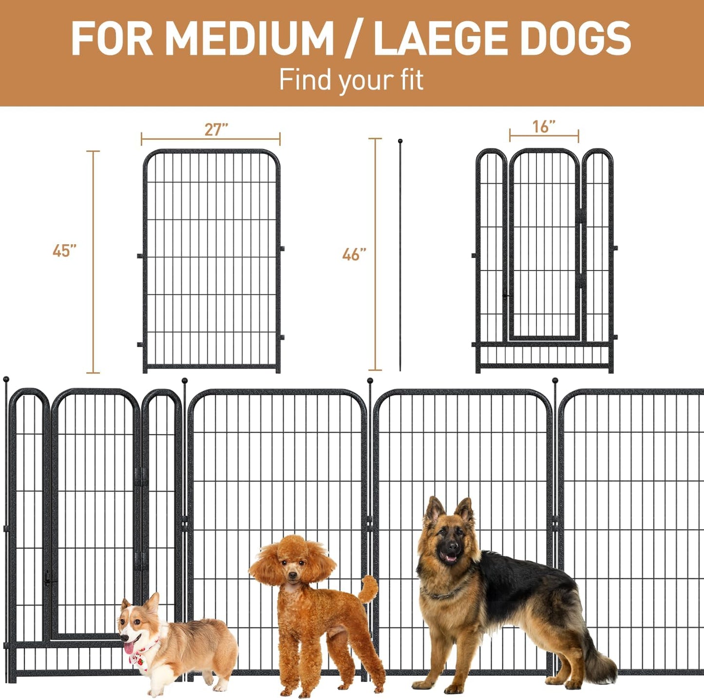 Metal Dog Playpen, 45" Inch Height 16 Panels, Large Dog Fence for Large/Medium/Small Dogs Indoor & Outdoor Bliss, Perfect Dog Pen for Camping, Yard and RV | Black-Silver