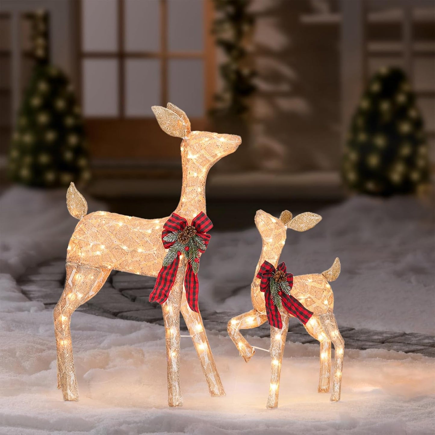 2 Pcs Reindeer Christmas Decoration, Xmas Lighted Golden Shimmering Doe and Fawn Display Set with 105 Warm White Lights for Yard Lawn Indoor Outdoor