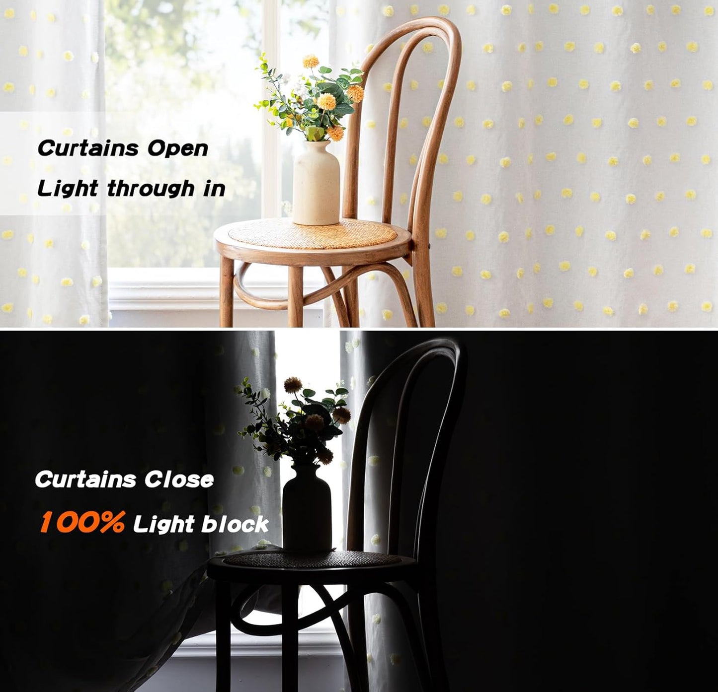 MYSKY HOME 100% Blackout Curtains for Girls Kids Bedroom Thermal Insulated 84 Inch Length Nursery Curtains 2 Panels Grommet Light Filtering Yellow Pom Pom Sheer Drapes for Dining Room, 52W x 84L