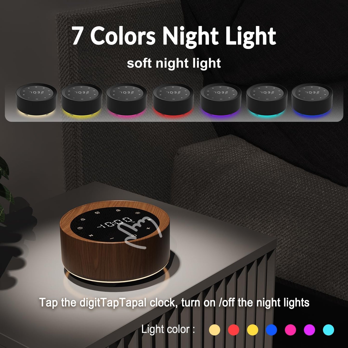 White Noise Sound Machine Alarm Clock 7 Color Night Light Sound Machine for Adult/Baby 20 Soothing Sound 31 Level Volume 6 Level Screen Brightness 5 Timer Set Memory Function Touch Control Wood Grain