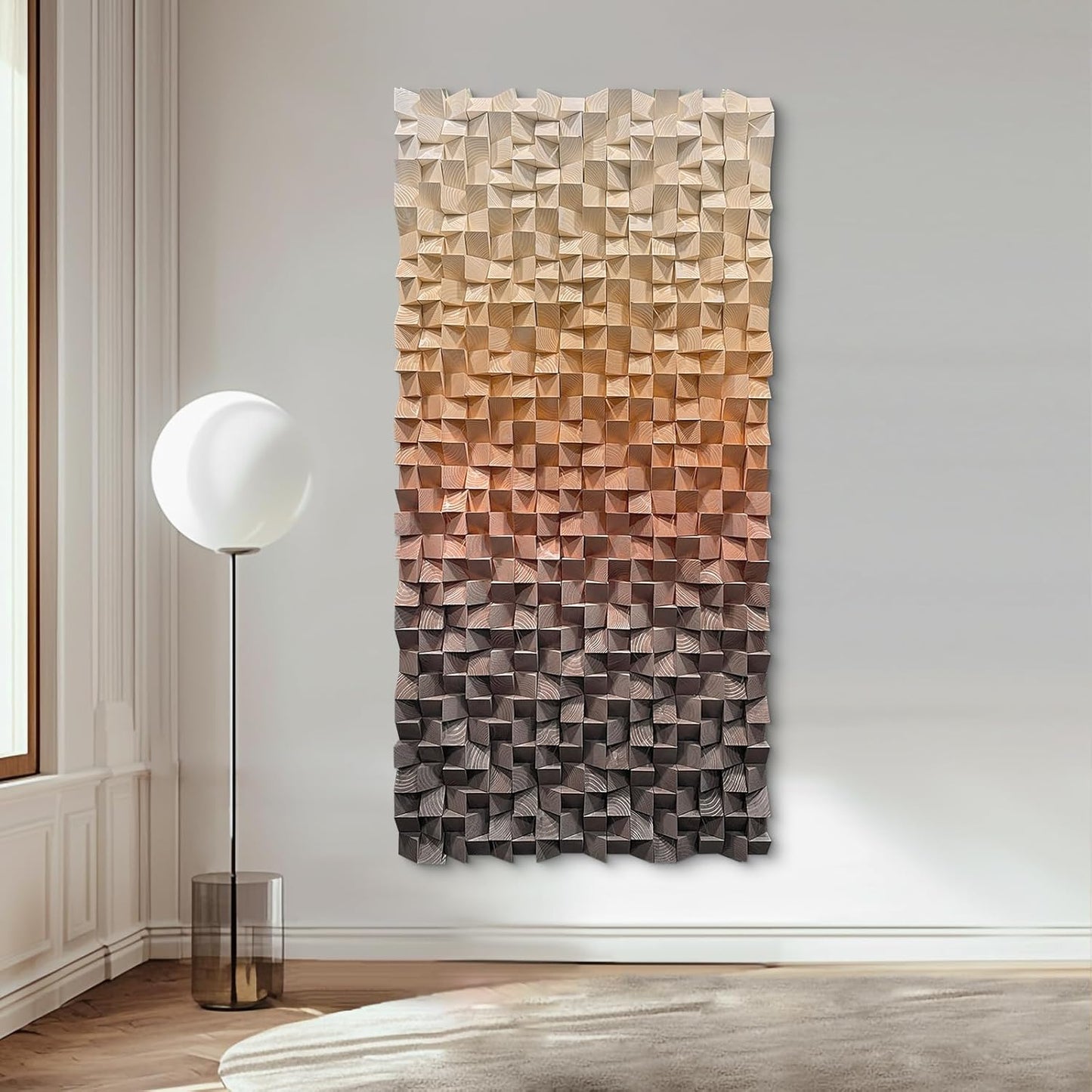 LIUZEYUE - 3D wooden block painting gradient coffee white art background wall wooden block abstract geometric wall decoration living room/bedroom/office modern minimalist style decoration 39.4"x78.7"