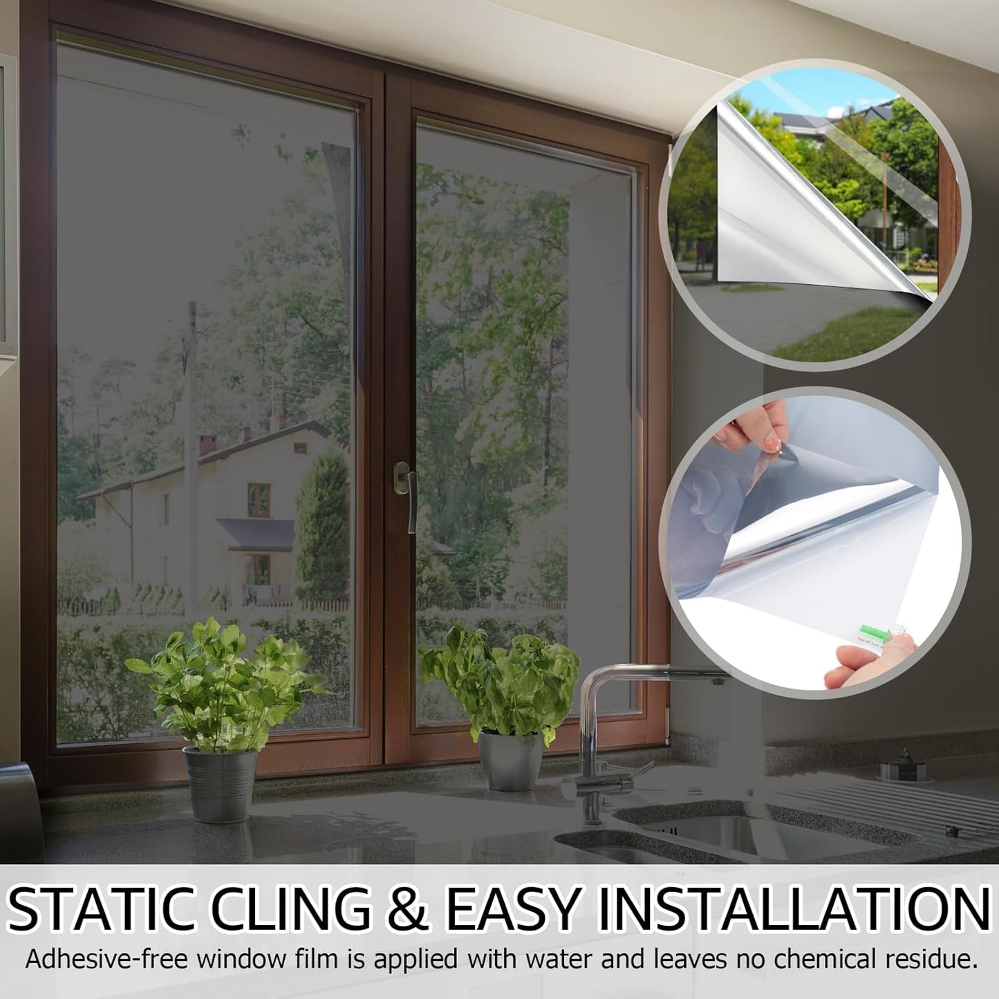 HIDBEA One Way Window Film, Daytime Privacy Sun Blocking Reflective Window Film No Glue Static Cling Heat Control Window Tinting Film for Home and Office, Black Silver, 23.6 x 157.5 Inch