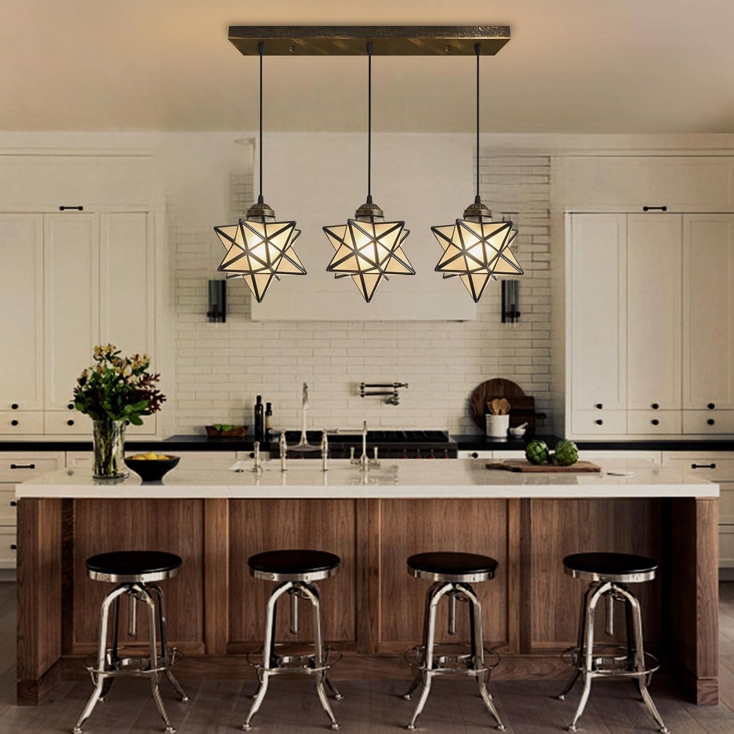 Farmhouse Frosted White Glass Chandelier 3 Lights Star Pendant Lights for Dining Table Kitchen Island Modern Ceiling Hanging Lights Included LED Warm Light Bulbs Oiled Bronze