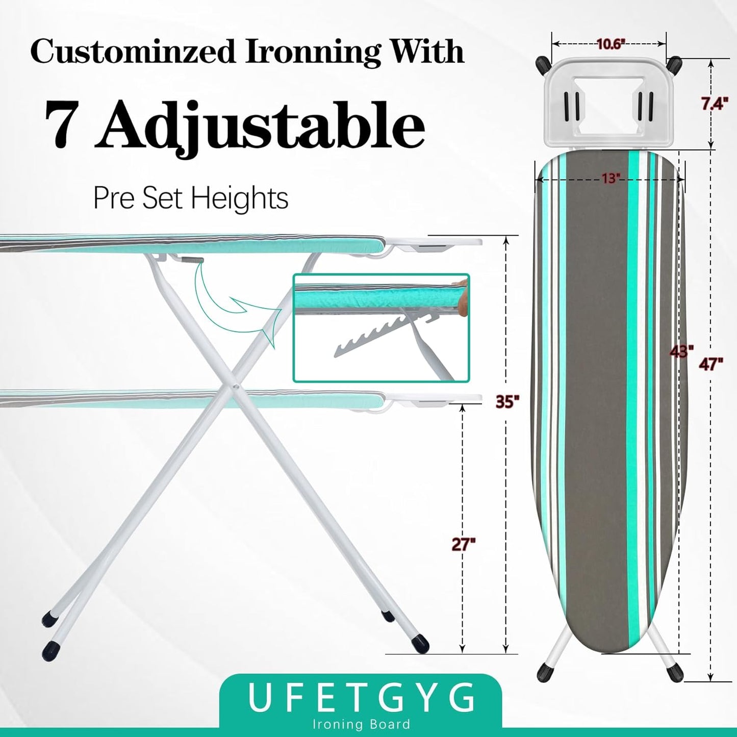 Ironing Board,Full Metal Construction| Height Adjustable, 43" X 13" W/with Iron Rest Heat & Scorch Resistant Fabric, Anti-Skid Feet, Heavy Duty| Easy to Fold