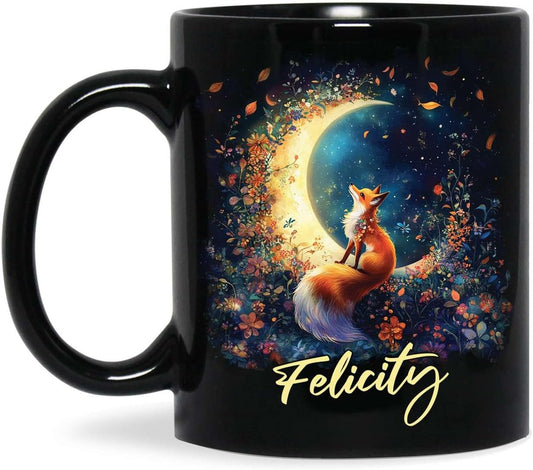 Personalized Name Ceramic Mug, Enchanted Forest Themed Decorative Cup, Custom Cute Fox With Crescent Moon Mug, Customized Floral Fox Coffee Cup 11oz 15oz, Animal Black Mug For Kids