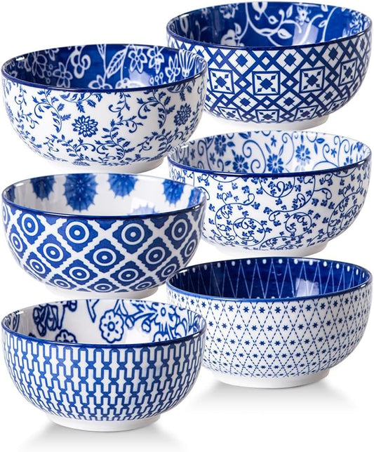 Ceramic Dessert Bowls Set - 11 Oz Small Ice Cream Bowl for kitchen - 4.7 Inch Porcelain Cereal Bowl for Fruits, Salad, Side Dishes, Ramen - Microwave Dishwasher Safe - Set of 6 - Vintage Blue