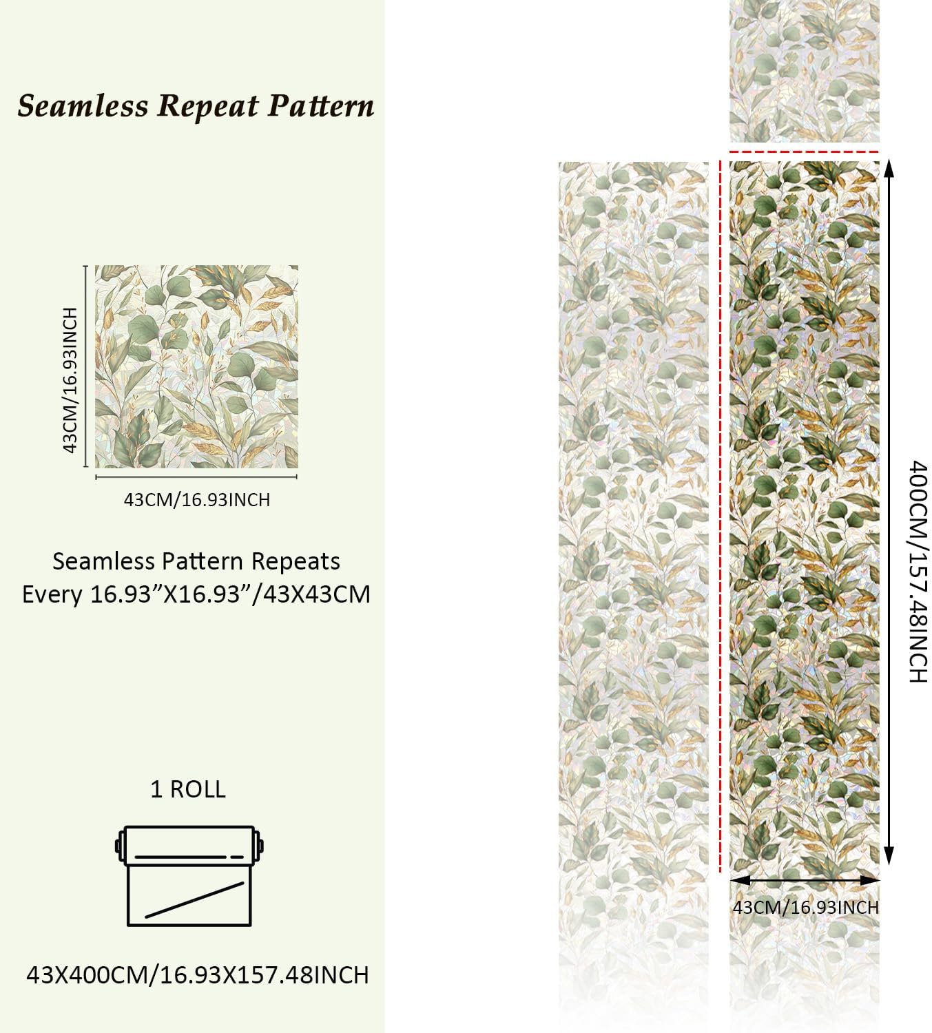 Rainbow Window Privacy Film with Tools, 3D Stained Glass Window Film, Spring & Autumn Leaves, 16.93" x 157.48"(43X400CM)