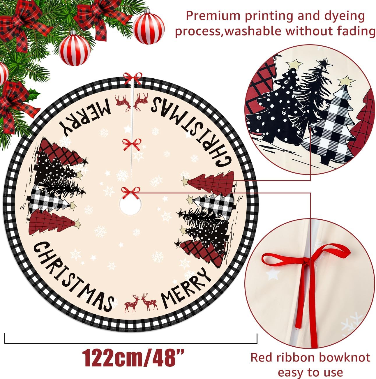 Christmas Tree Skirt 48 Inches Black White Buffalo Plaid Xmas Tree Skirt with Snowflake Merry Christmas Tree Skirts Christmas Tree Decorations for Christmas Holiday Home Decor Indoor Outdoor