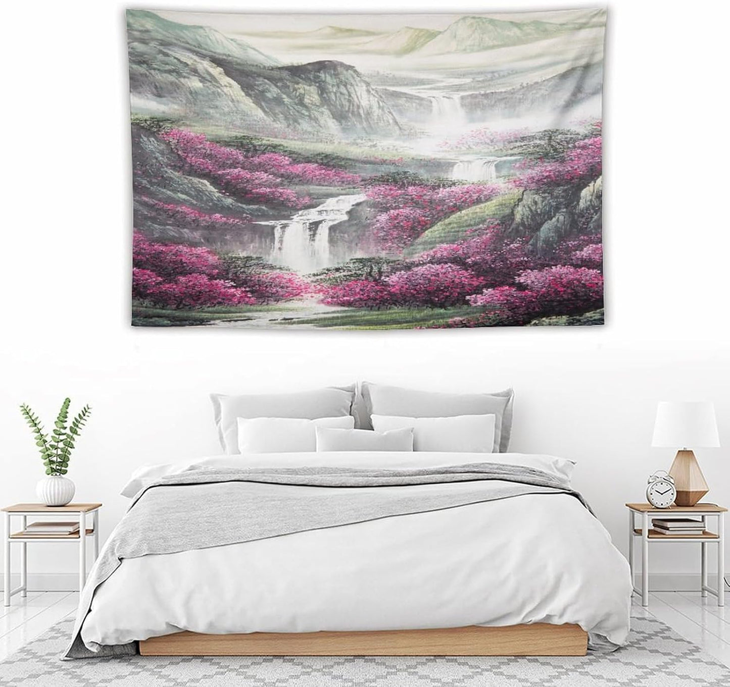 Japanese Tapestry, Red Plum Blossom Mountain Tapestry, Asian Japanese Wall Tapestry, Nature Landscape Tapestries for Bedroom Living Room Decor 60"x40"
