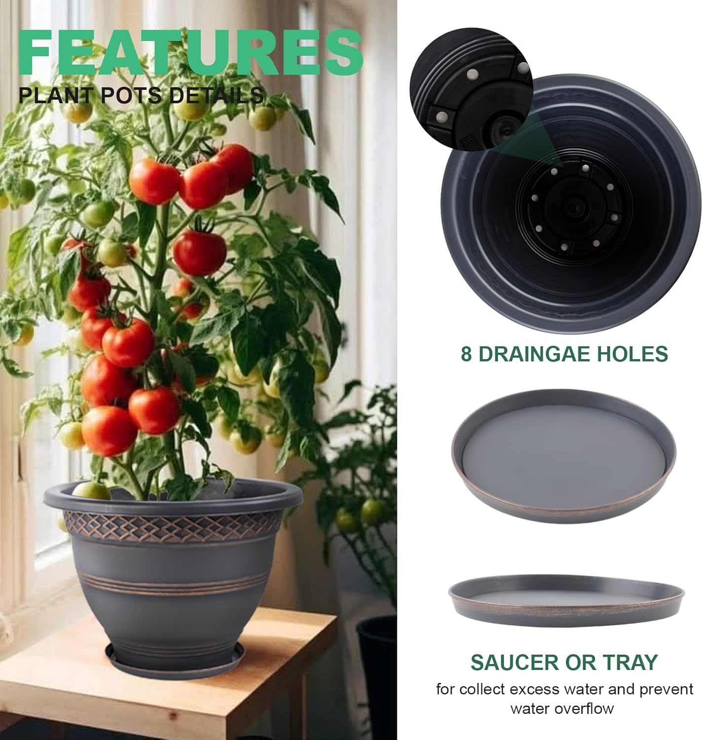 4 Pack 12 Inch Large Plant Pots, Plastic Flower Pot for Indoor & Outdoor with Drainage Holes & Saucer, Plaid Pattern Planters Garden Pots for Herbs Bronze