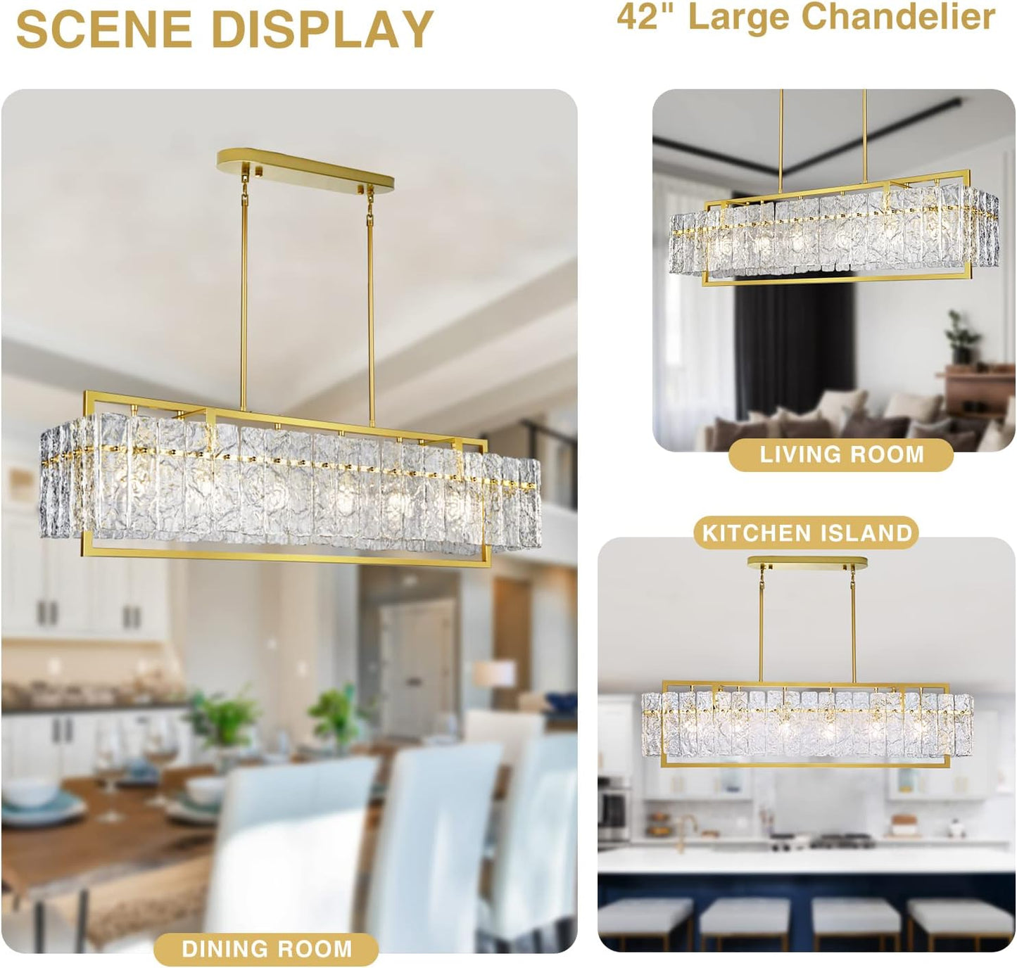 IKK Modern Rectangle Gold Crystal Chandeliers for Dining Room, 42" Large Rectangular Water Ripple Glass Island Light Fixture, Elegant Linear Lighting for Kitchen Island, Living Room, L42 x W11 x H12