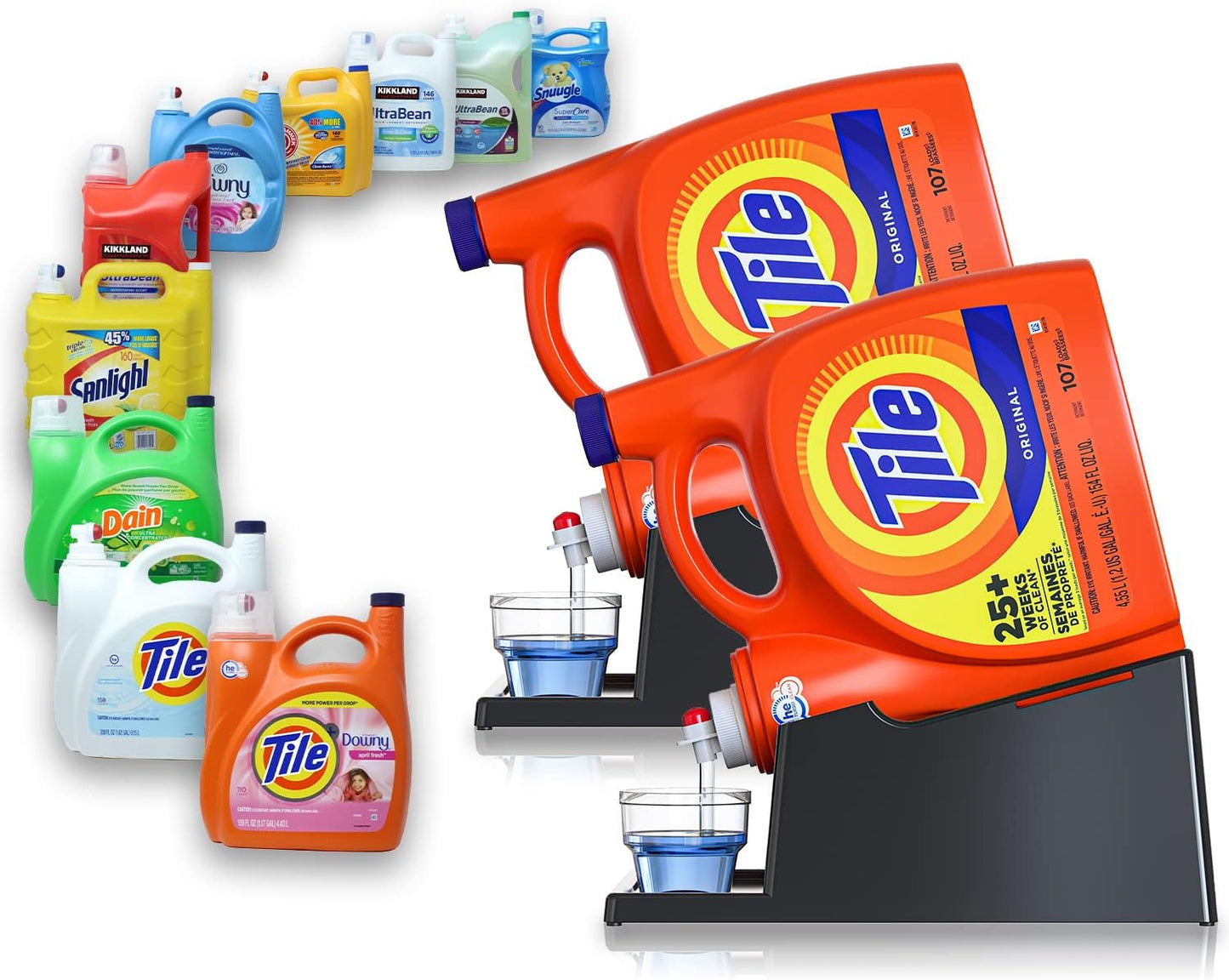 TidyFriend 2 Pack Liquid Laundry Detergent Holder Stand with Drip Tray & Rubber-Grip Feet, Stand for Laundry Room Organization and Storage, Fabric Softener Dispenser with Cup Holder (Black)