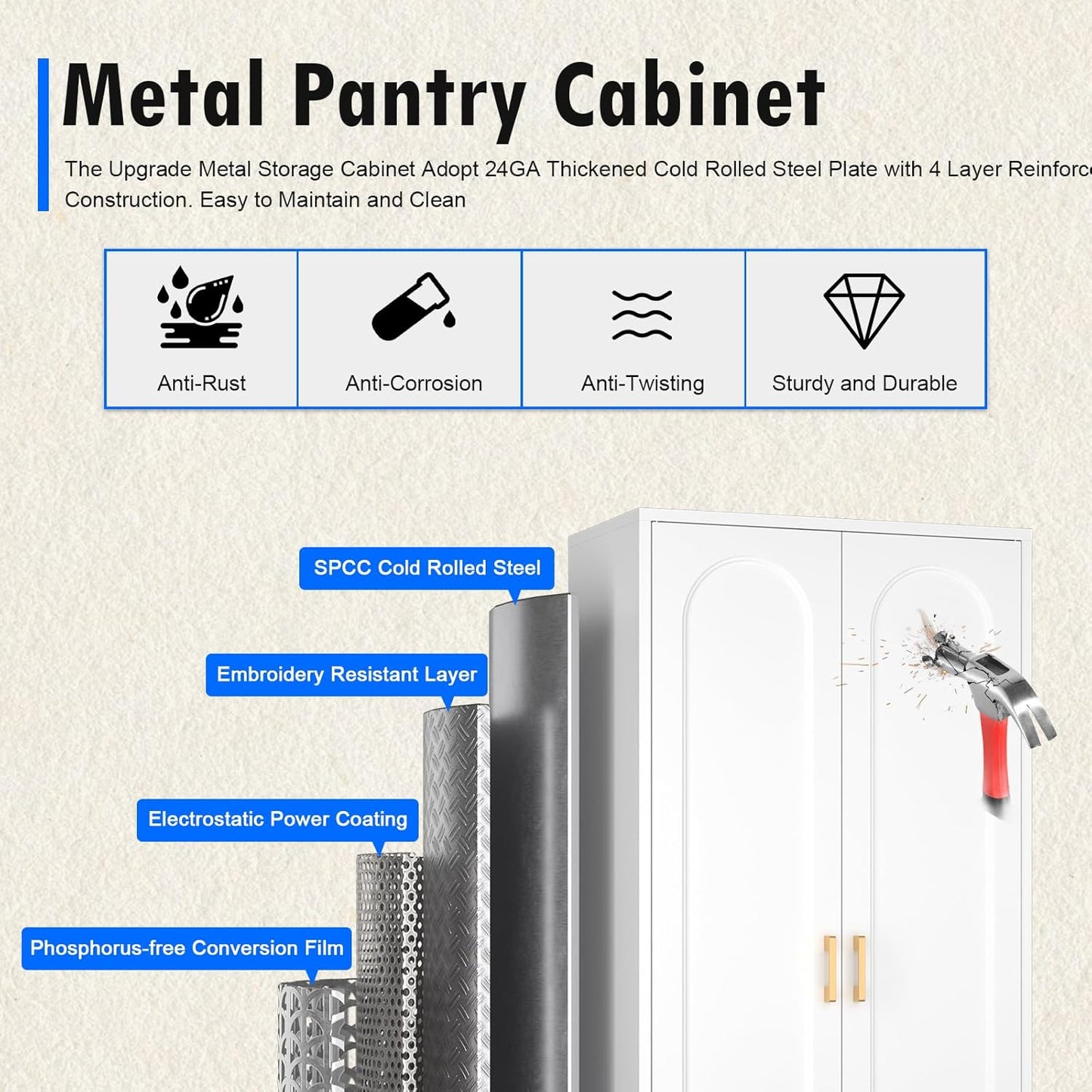 60" Tall Kitchen Pantry Cabinet, Metal Pantry Cabinet with Doors and Adjustable Shelves, White Utility Storage Cabinet with Handles for Dining Room, Bathroom, Laundry Room - Assemble Required