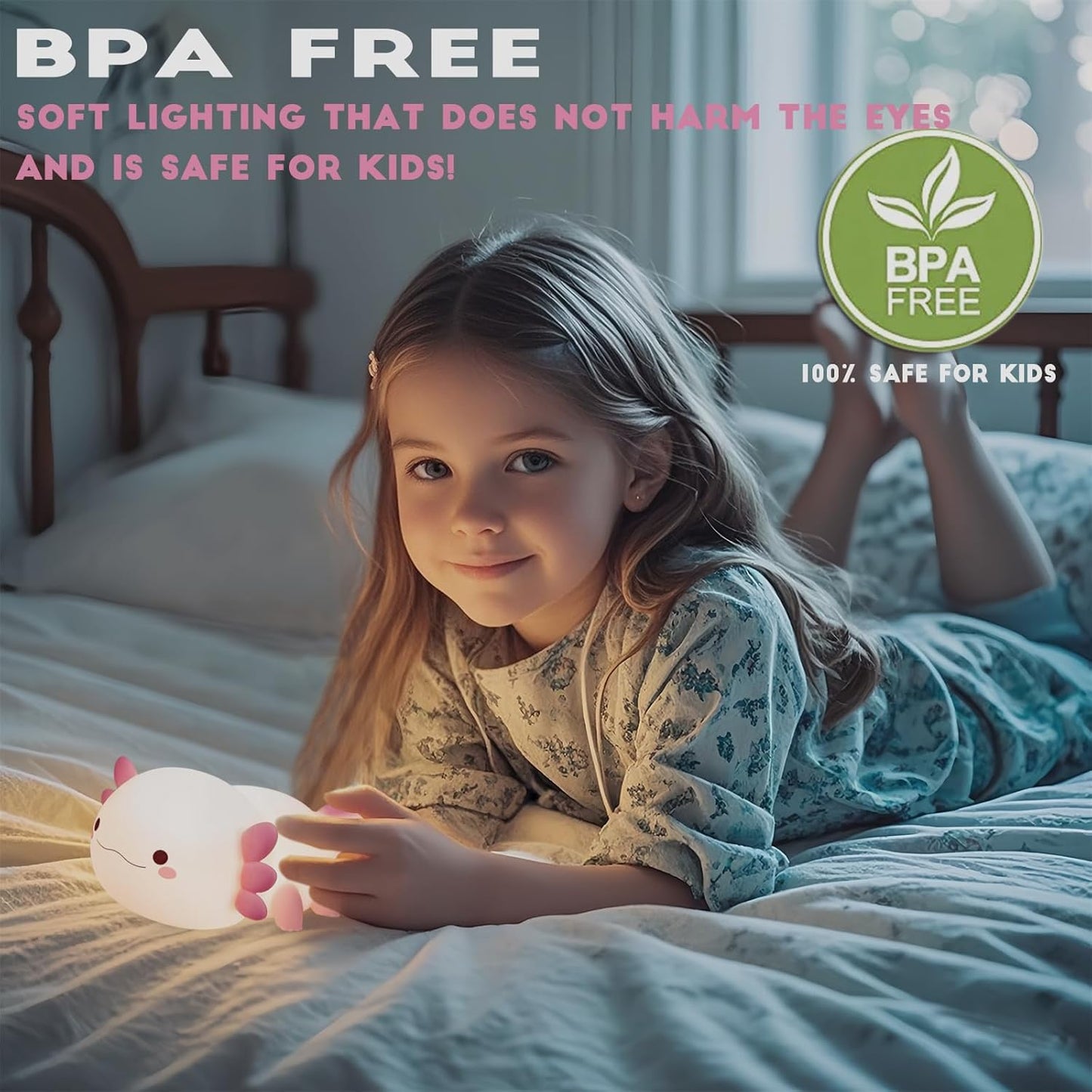 HAPPYBAG Axolotl Night Light,Cute Axolotl lamp Gifts for Kids,Dimmable Silicone Animal Nursery Night Light,Kawaii Rechargeable Bedside Touch Lamp,Room Decor Axolotl Light