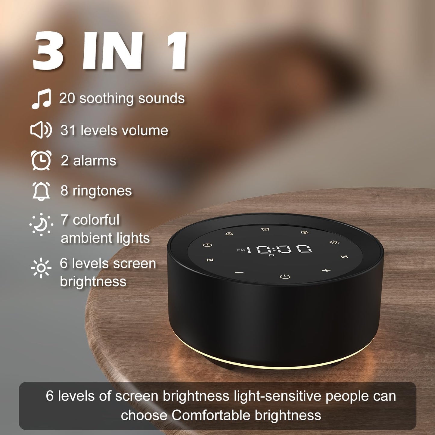 White Noise Sound Machine Alarm Clock 7 Colors Night Light Sound Machine for Adult/Baby 20 Soothing Sounds 31 Level Volume 6 Level Screen Brightness 5 Timer Set Memory Function Touch Control