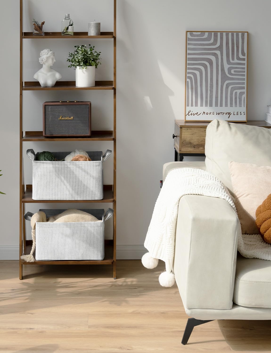 StorageWorks Storage Bins, Fabric Storage Bins for Shelves, Storage Baskets with Metal Frame, Closet Baskets and Bins with Handles, Gray and White Stripes, 2-Pack