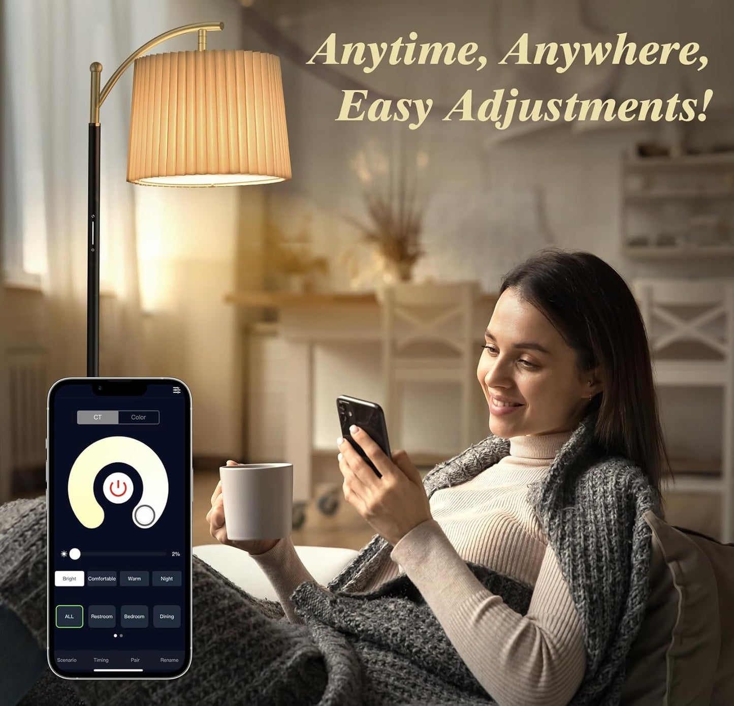 Floor Lamp, LED Floor Lamp with APP & Remote & Touch Control, Stepless Color Temperatures and Brightness, Tall Standing Lamp with Pleated Lampshade for Living Room, Bedroom, Office(Black Gold)