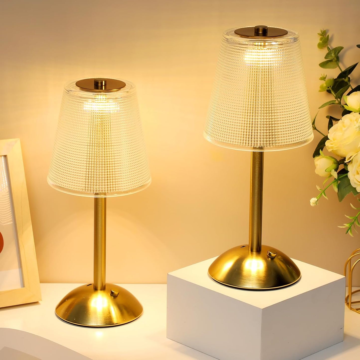 Liliful 2 Pcs LED Portable Cordless Table Lamp Touch Battery Operated Rechargeable Desk Lamp 3 Color Dimmable for Bedroom Living Room Dining (Retro Style,Gold)
