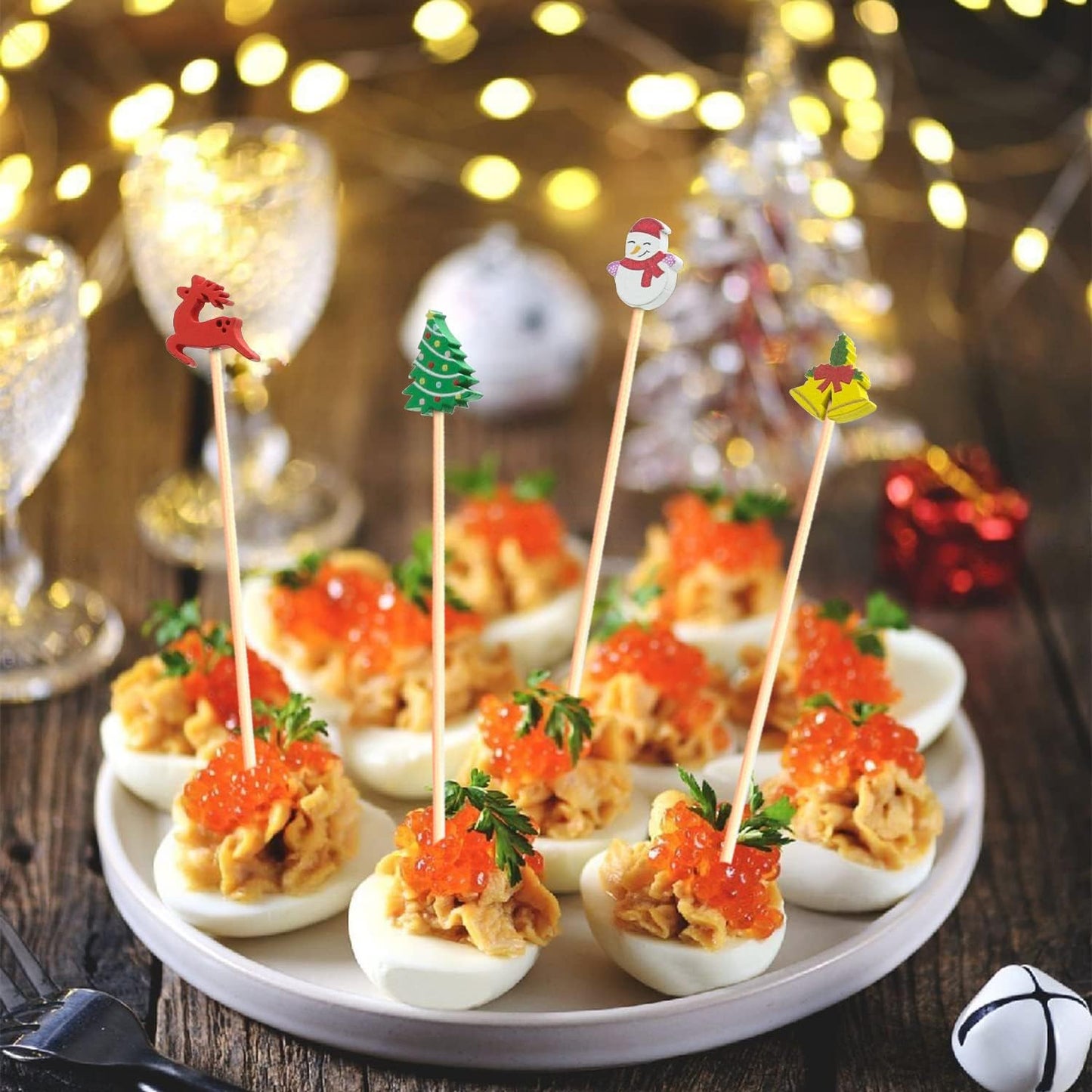 Christmas Cocktail Picks Toothpicks Fruit Dessert Sticks Food Sandwich Appetizer Charcuterie Skewers for Xmas Tree Snowman Elk Snowflake Christmas Decorations Themed Party Supplies, 5", 100 Count