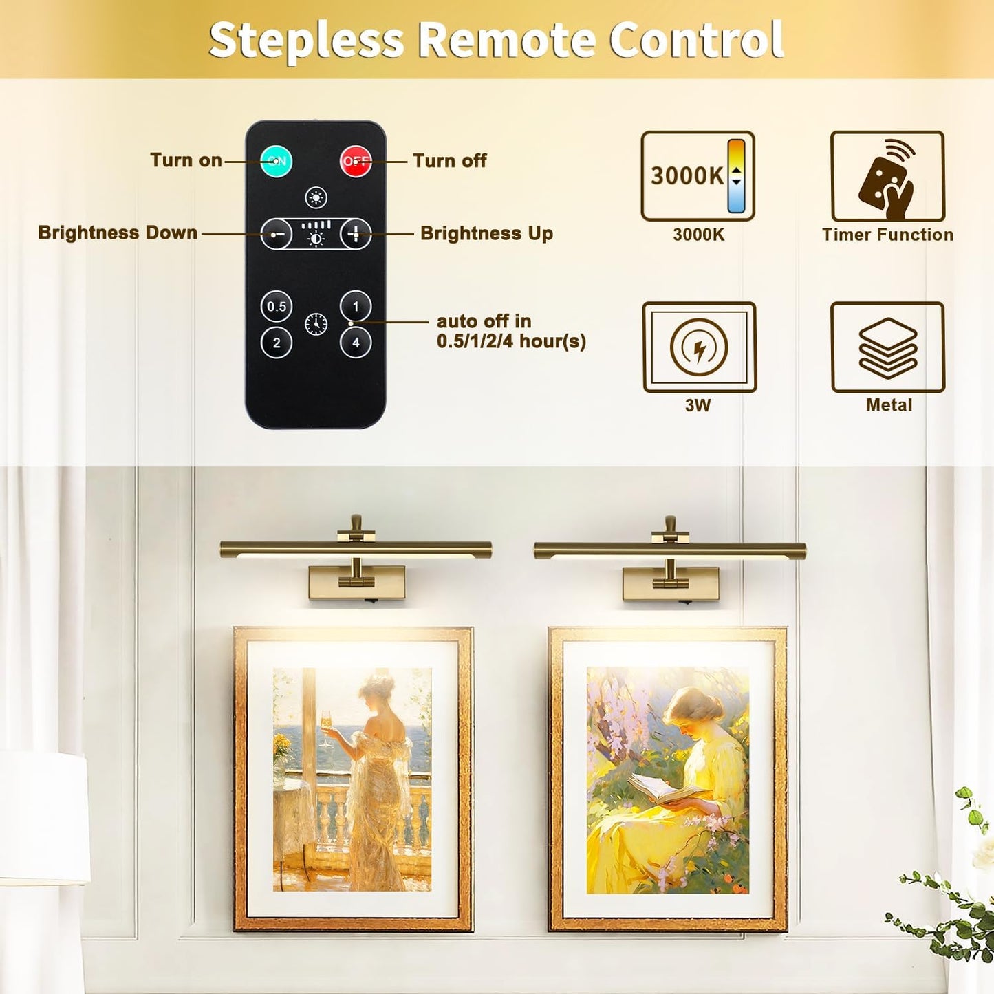 Battery Operated Picture Light with Remote and Timer, Wireless Art Lights for Paintings Brass Rechargeable Gallery Light Dimmable Artwork Lighting for Canvas, Portrait 16'' Inch Warm White